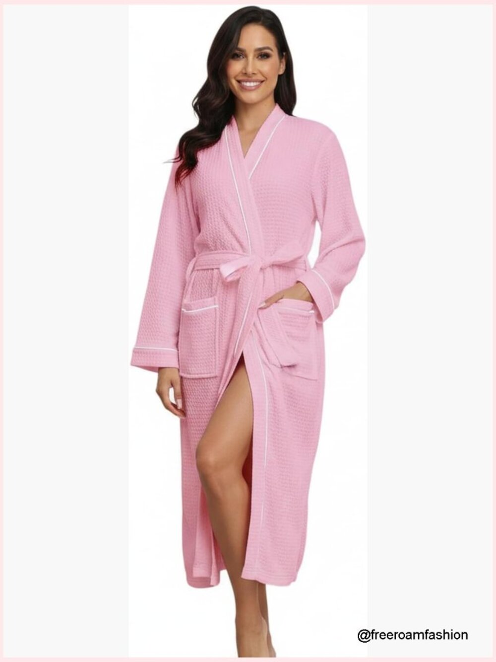 Waffle Robe Long Sleeve Bathrobe with Belt Pockets Lightweight Housecoat S-XXL